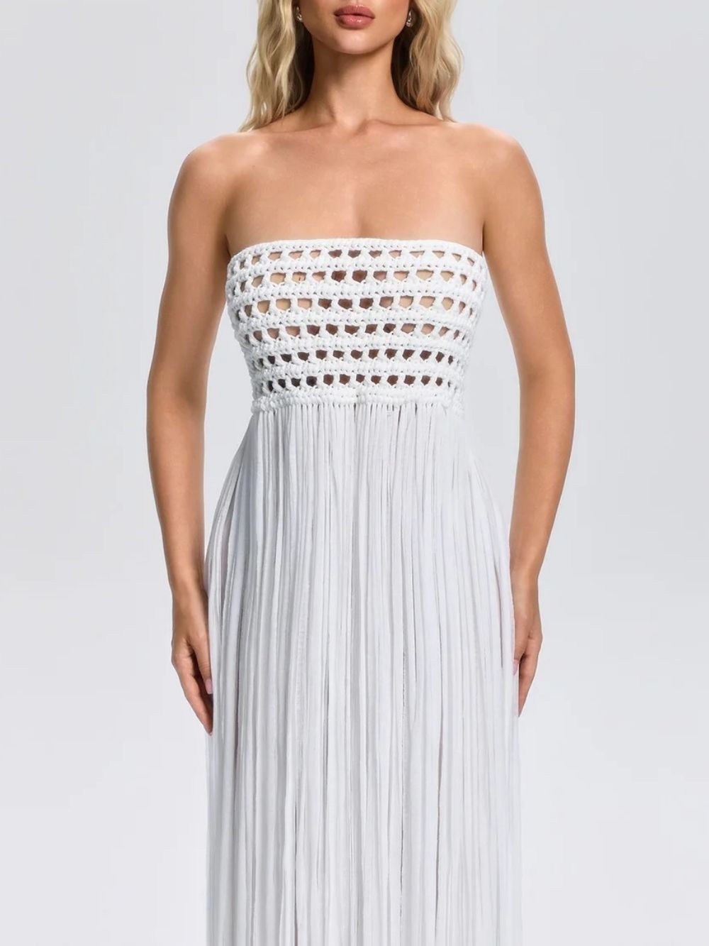 b51bbe4868d35d36b5676fcc484db52a Faysal Strapless Crochet Fringe Maxi Dress