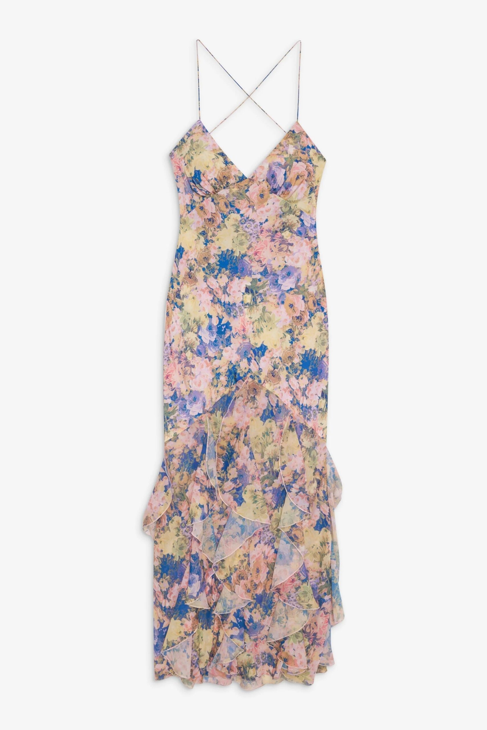 Rebecca Floral Print Ruffle Backless Maxi Dress - Blue