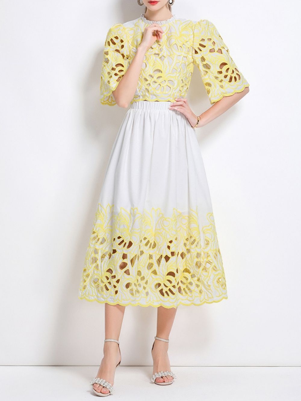 Mahira Yellow Flower Embroidery Two-Piece Set - OWNCI Mahira Yellow Flower Embroidery Two-Piece Set - OWNCI