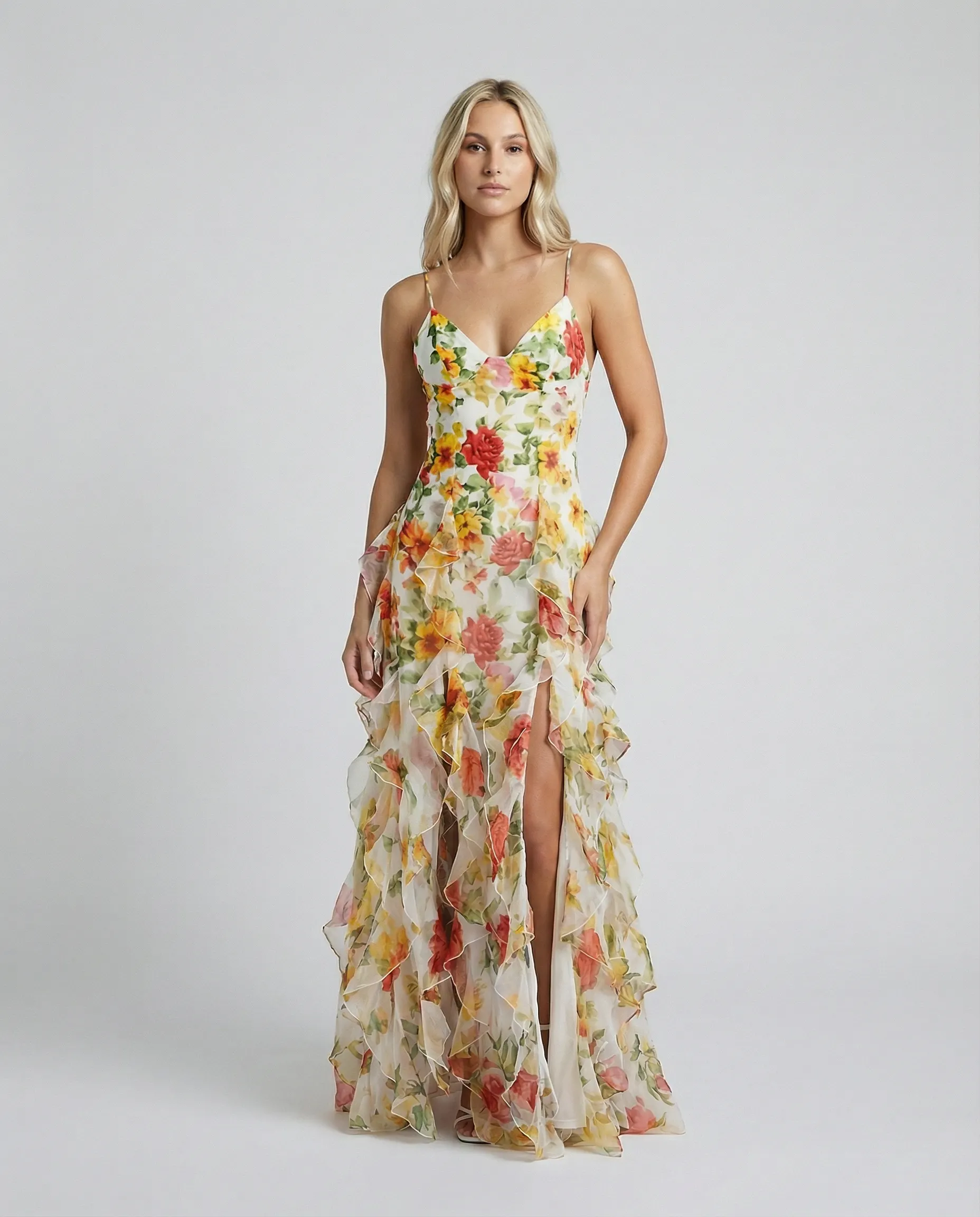 Floral Print Ruffle High Slit Maxi Dress – Red - OWNCI Floral Print Ruffle High Slit Maxi Dress – Red - OWNCI