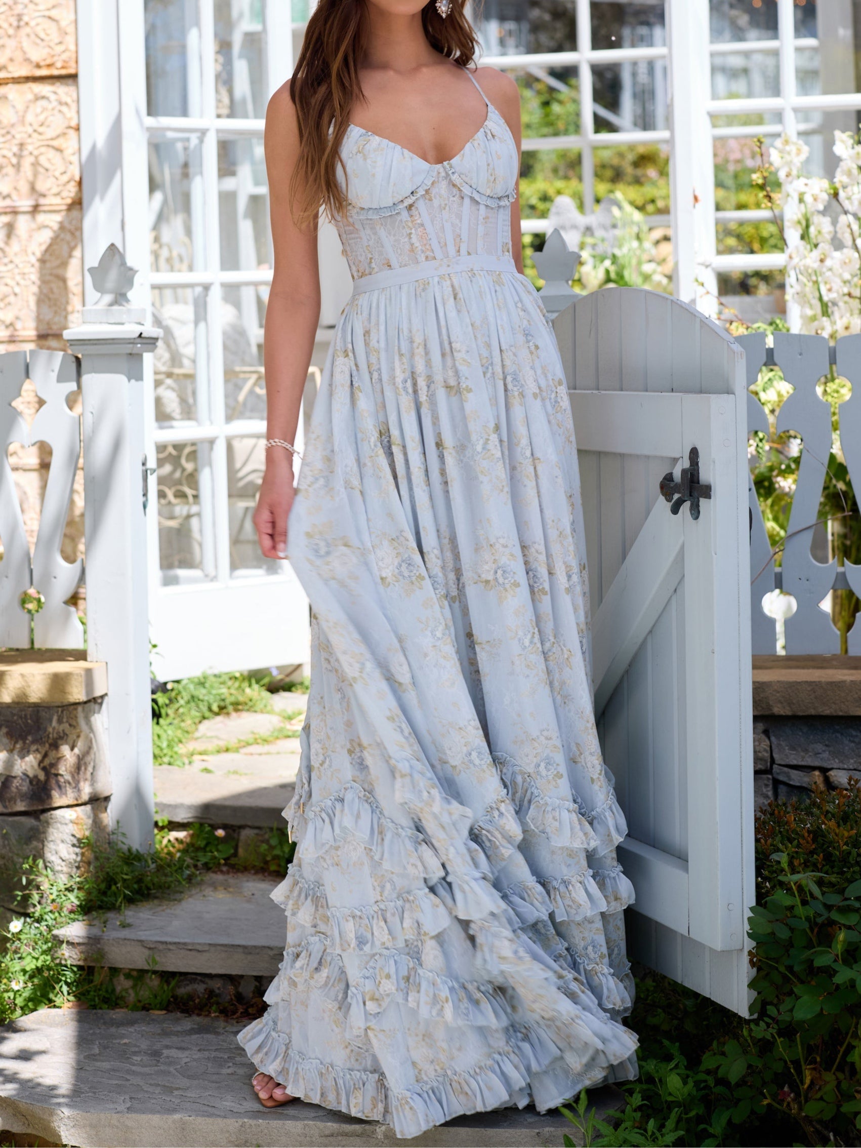 Floral Frill Split Maxi Dress - OWNCI Floral Frill Split Maxi Dress - OWNCI