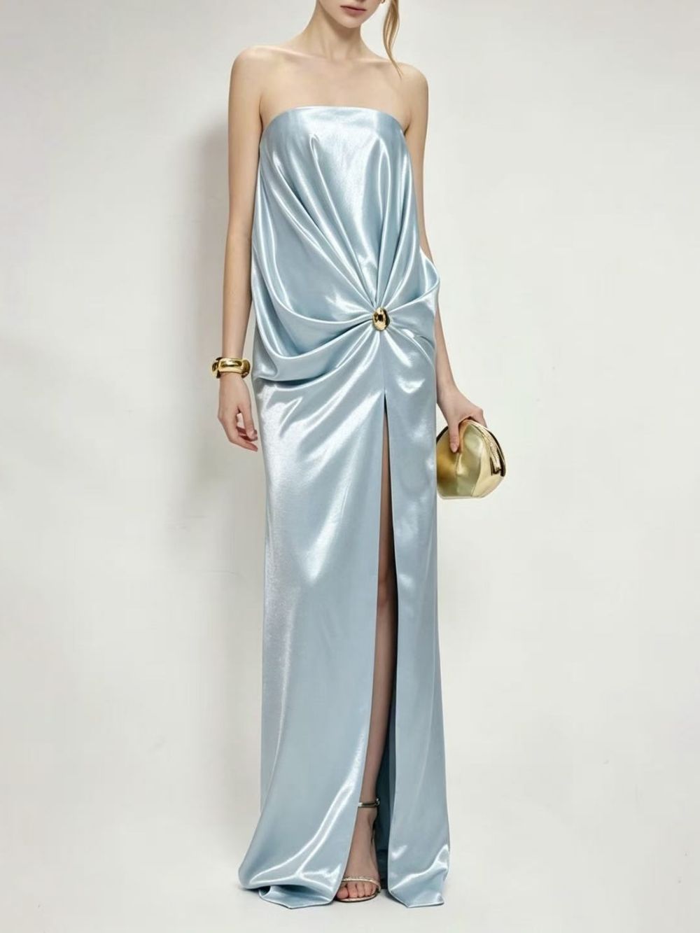 b5d70b84773039e03b0c53e15ac21b60 Macadrian Strapless Satin Ruched Maxi Dress