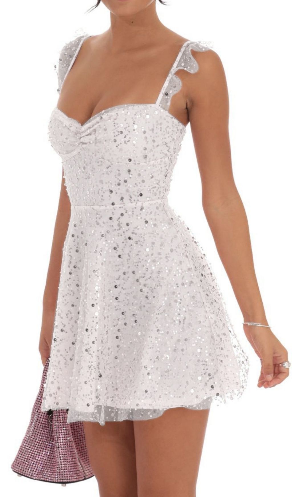 Sequin White Tulle Skater Mini Dress With Ruffled Straps - OWNCI