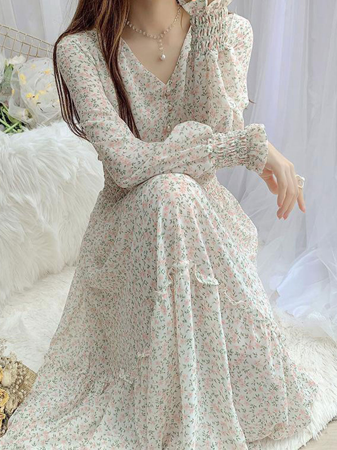Janet Classic Floral Ruffle Chiffon Dress-Yellow - OWNCI