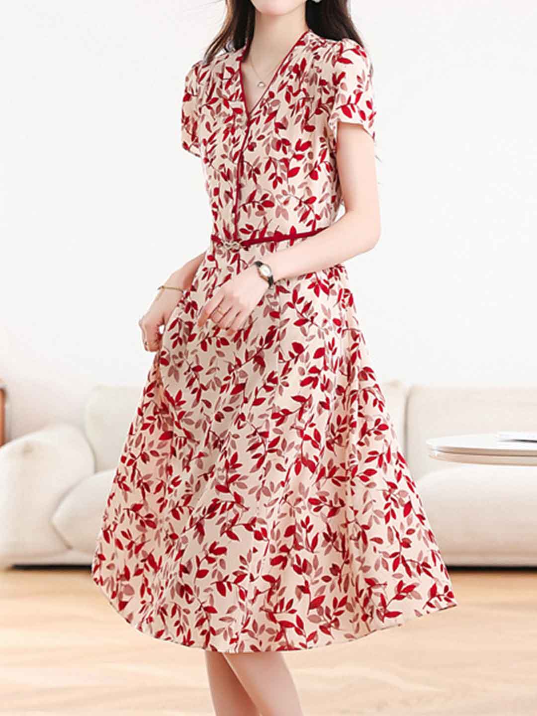 Quanna Daily V-Neck Printed Chiffon Dress