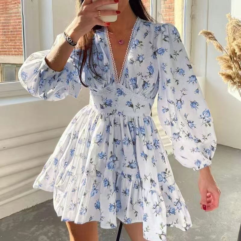 Printed V-Neck Puff Sleeve Lace Mini Dress - OWNCI Printed V-Neck Puff Sleeve Lace Mini Dress - OWNCI