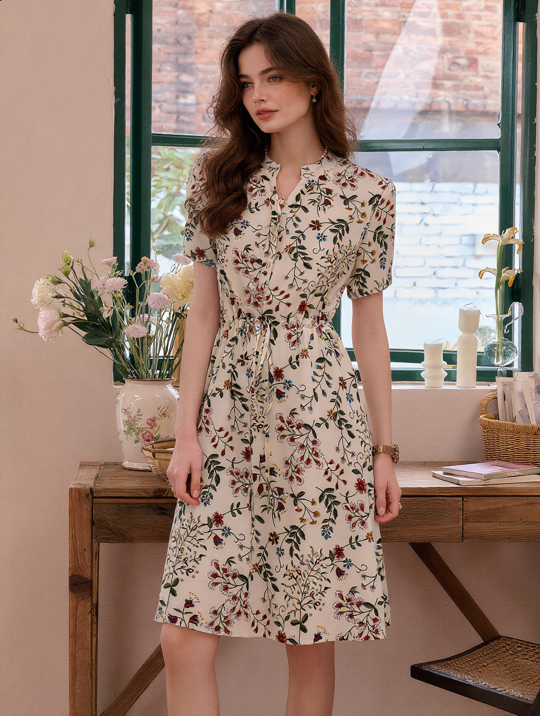 b699c338615b2a8582973e158473ee5d Sabrina V-Neck Printed Drawstring Chiffon Dress