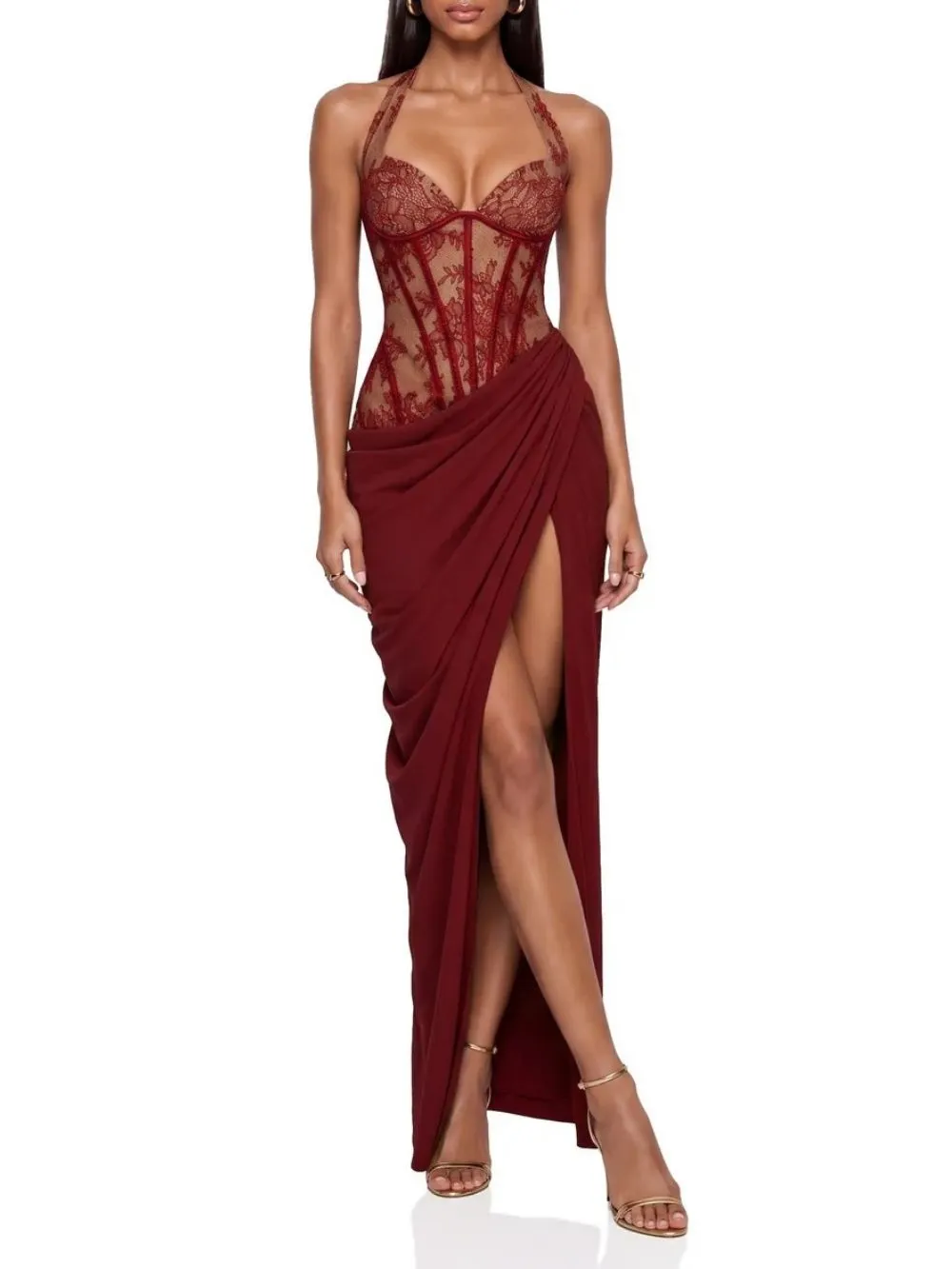 Fujiye Halterneck Lace Corset Split Dress