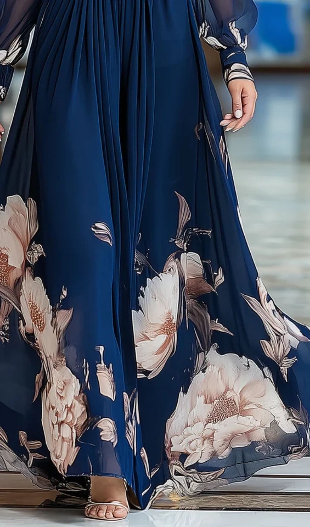 b6dfb33fff7fefd9dfd6875f796135cb.jpg Fashionslee Women Navy Blue V-neck Tulle Sleeve Pleated Floral Maxi Dress