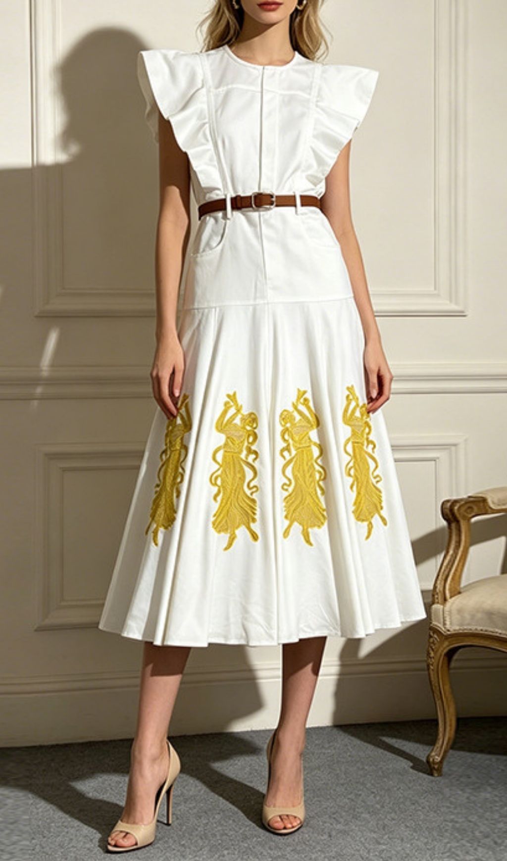 Fashionslee Women Lexine White Midi Dress With Belt