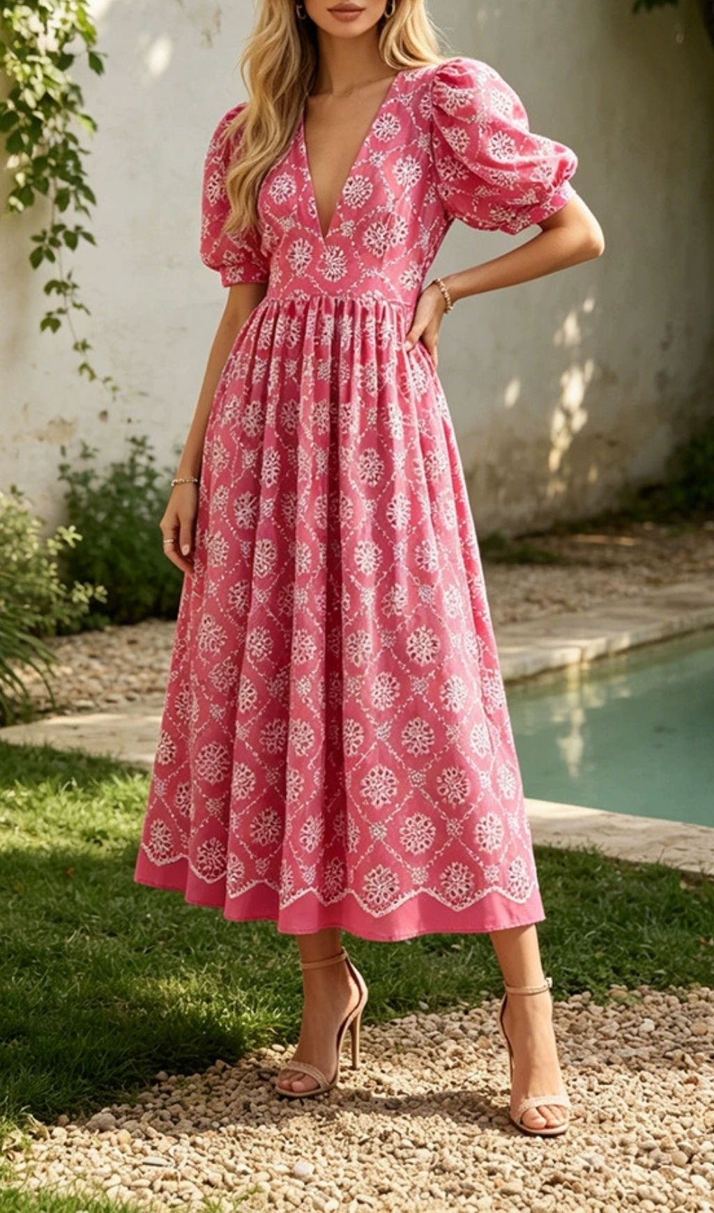 Fashionslee Women Magnolia Pink V-Neck Puff-Sleeve Midi Dress