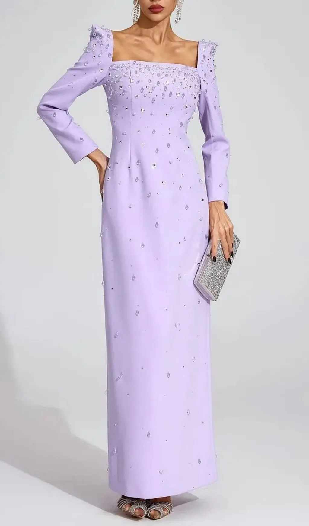 Lynn Square Neck Beaded Rhinestone Maxi Dress - Purple