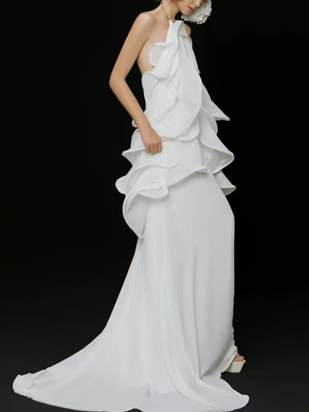 Fashionslee Women Kaelum Backless Ruffle Maxi Dress In White