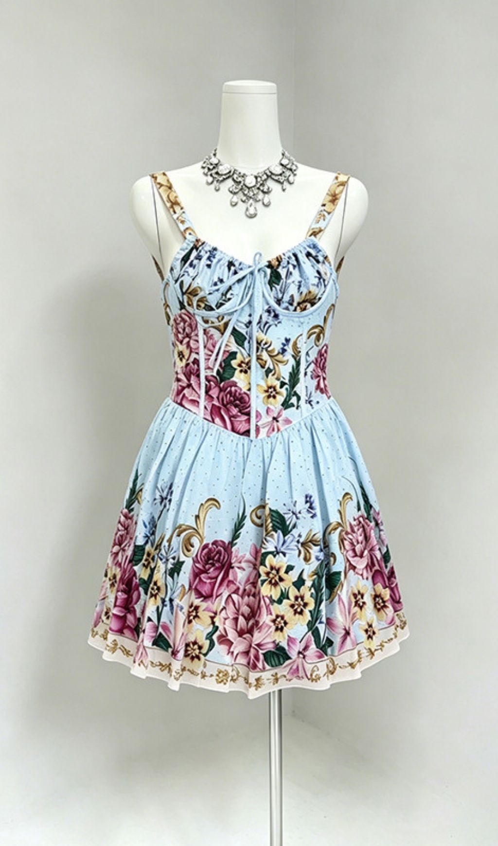 Fashionslee Women Léora Blue Strappy Floral Corset Mini Dress
