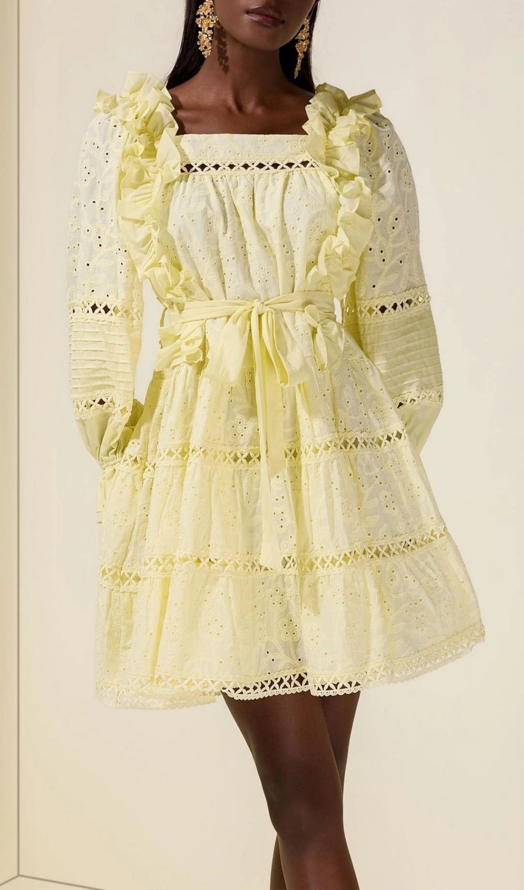 b76bb797dd90b529beabbad85aa2ad0f Victoria Embroidered Hollow Ruffle Mini Dress - Yellow