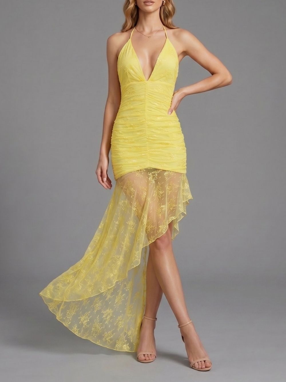 Makalia Yellow Halter Lace Maxi Dress