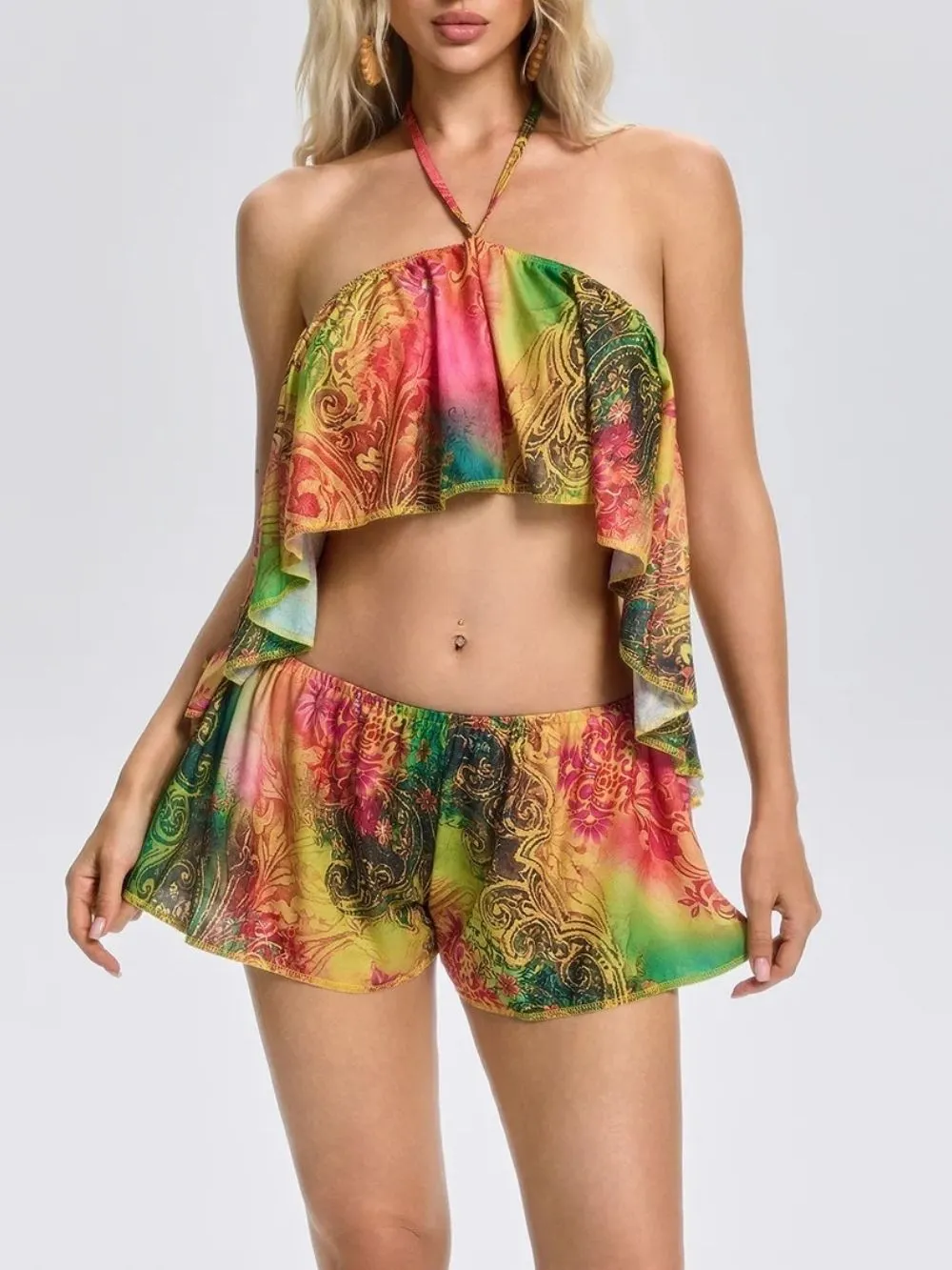 Zavera Backless Printed Shorts Set