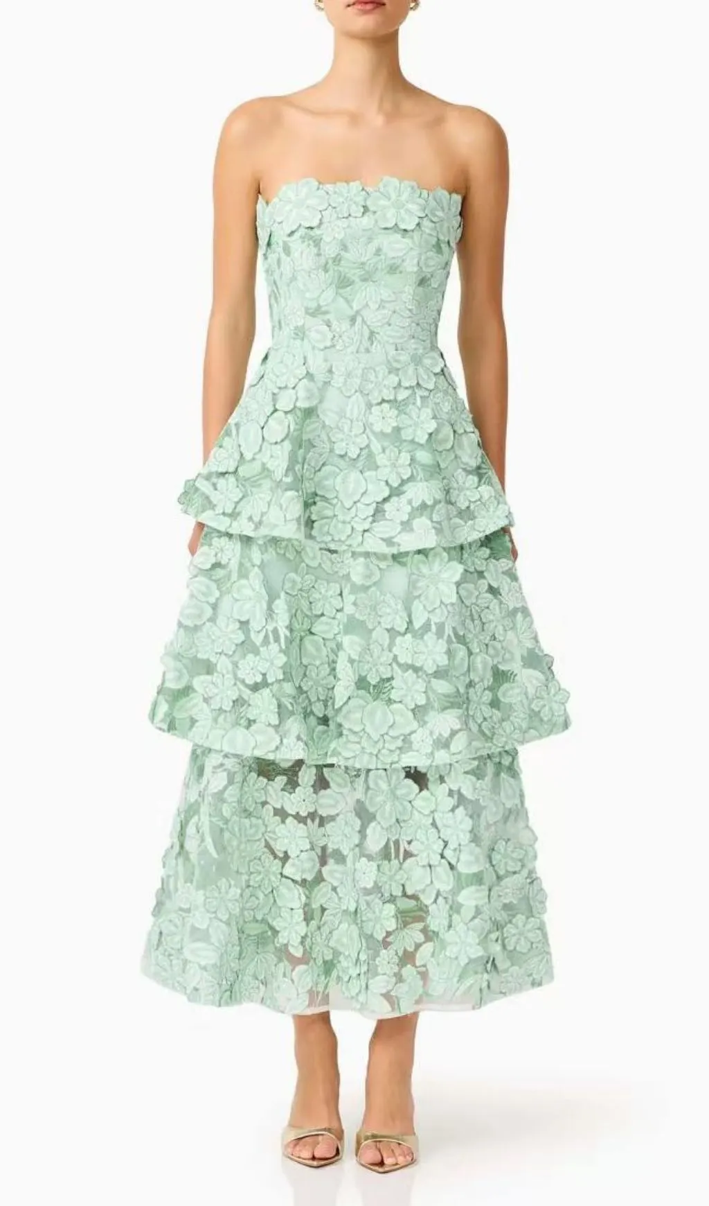 Fashionslee Women Maayan Green Strapless Flower Embroidery Midi Dress