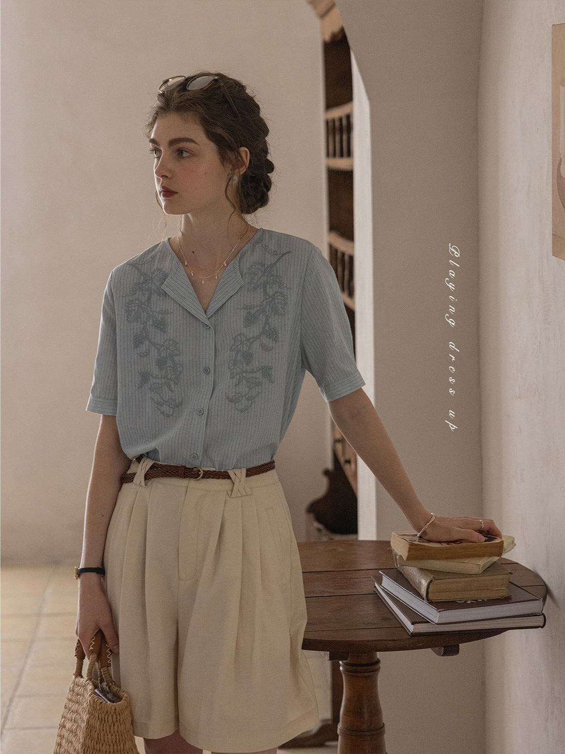 Embroidery Yarn-Dyed Striped Lapel Short-Sleeved Shirt