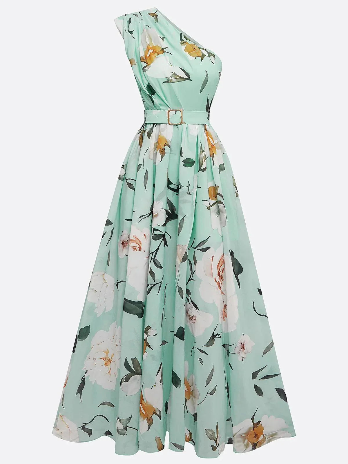 b7c39fbe6fc09a751b7934e97aac24dd Light Green Floral Ruched One Shoulder A-Line Maxi Chiffon Dress
