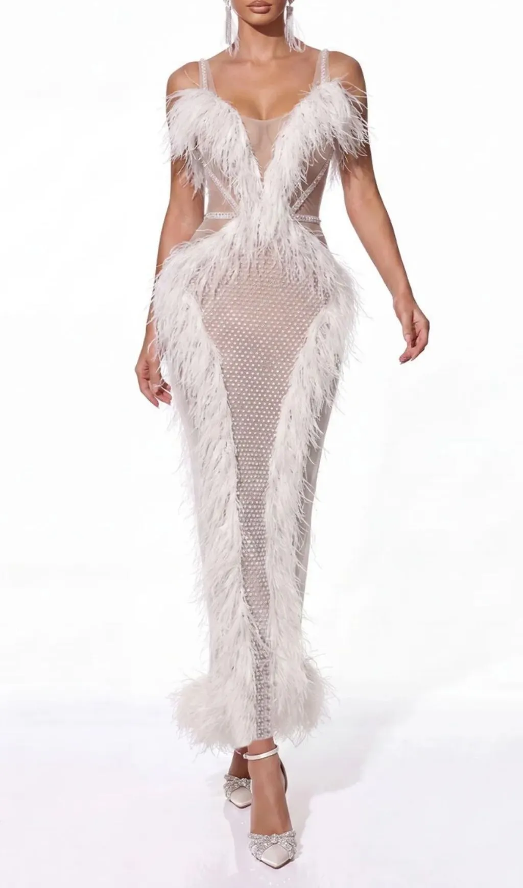 Fashionslee Women Cyrien Fringe Rhinestone Mesh Maxi Dress