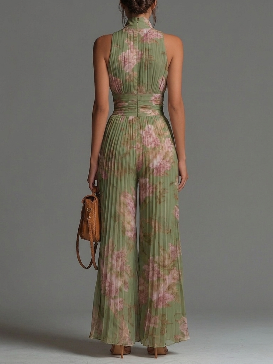b7d08171f32a2bdceecb5cb74ebfbe01 Green Floral V-neck Sleeveless Zip-up Pleated Wide-leg Chiffon Jumpsuit