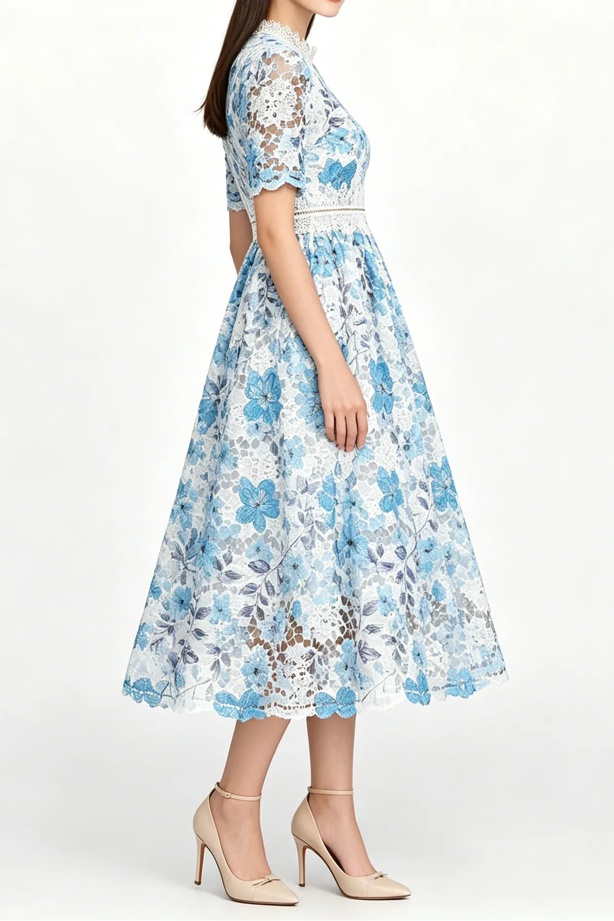 Blue Floral Hollow Lace High Neck Short Puff Sleeve Midi A-Line Dress