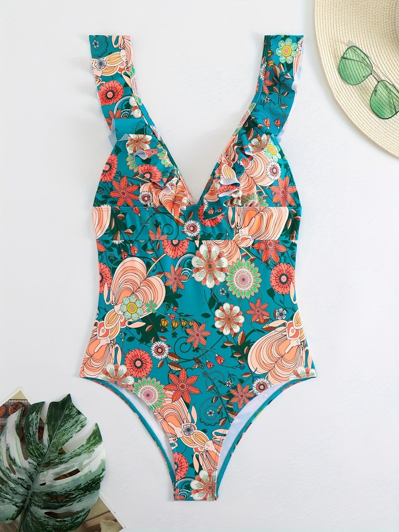 V-Neck Floral Print Ruffle Bikini - OWNCI V-Neck Floral Print Ruffle Bikini - OWNCI
