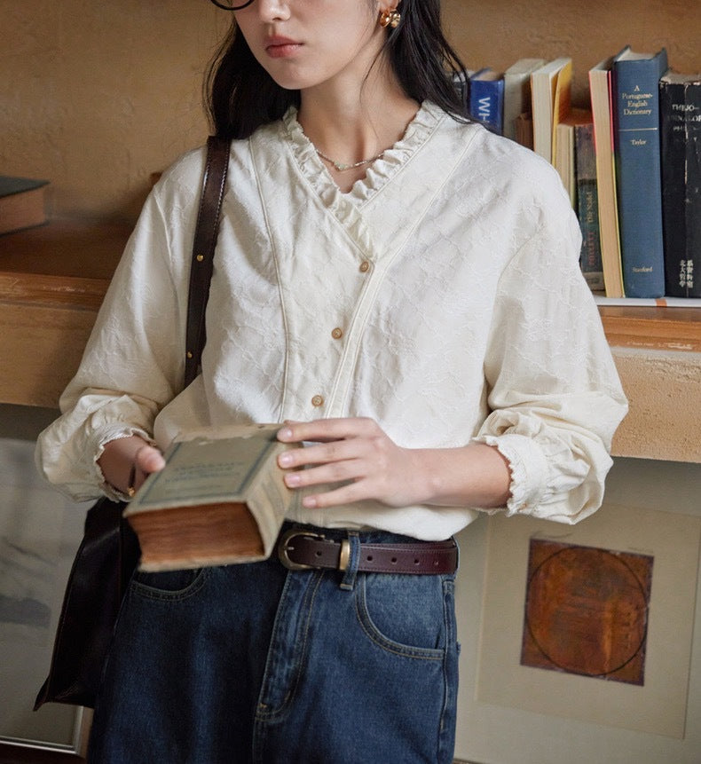 Whtie Plaid V-Neck Ruffled Long-Sleeve Shirt