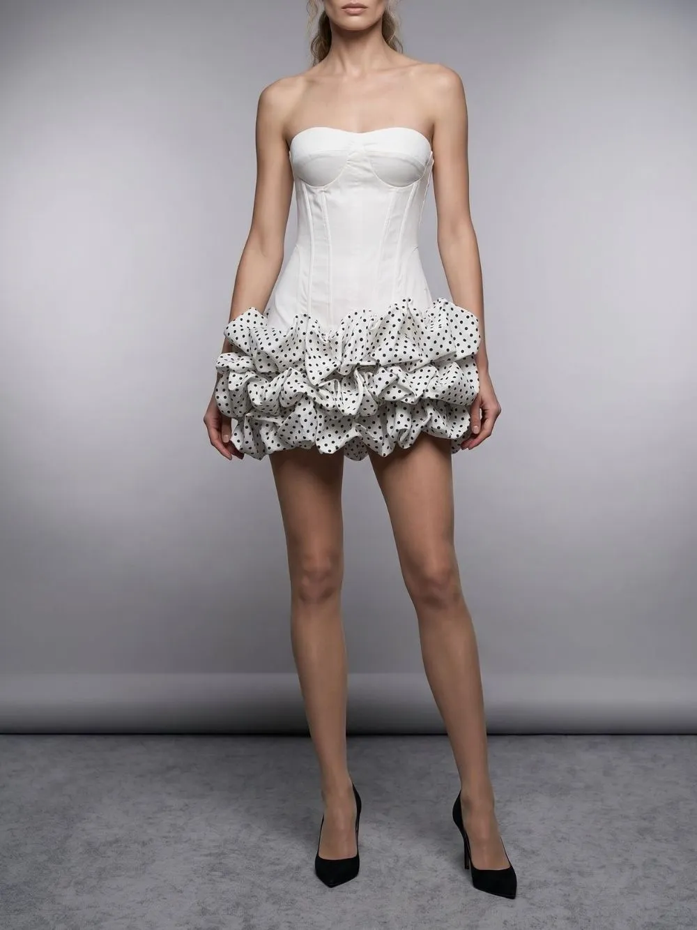 Maleni White Strapless Bustier Polka Dot Bubble Dress - OWNCI Maleni White Strapless Bustier Polka Dot Bubble Dress - OWNCI
