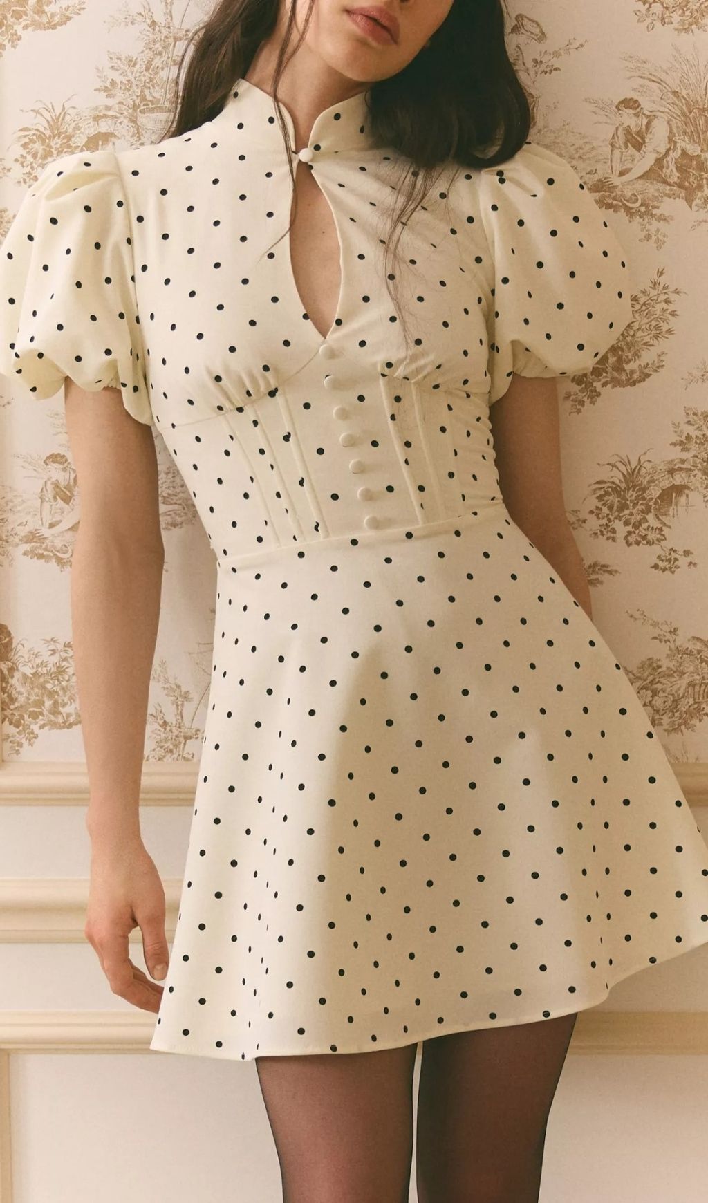 Mock Neck Puff Sleeve Polka Dot Mini Dress