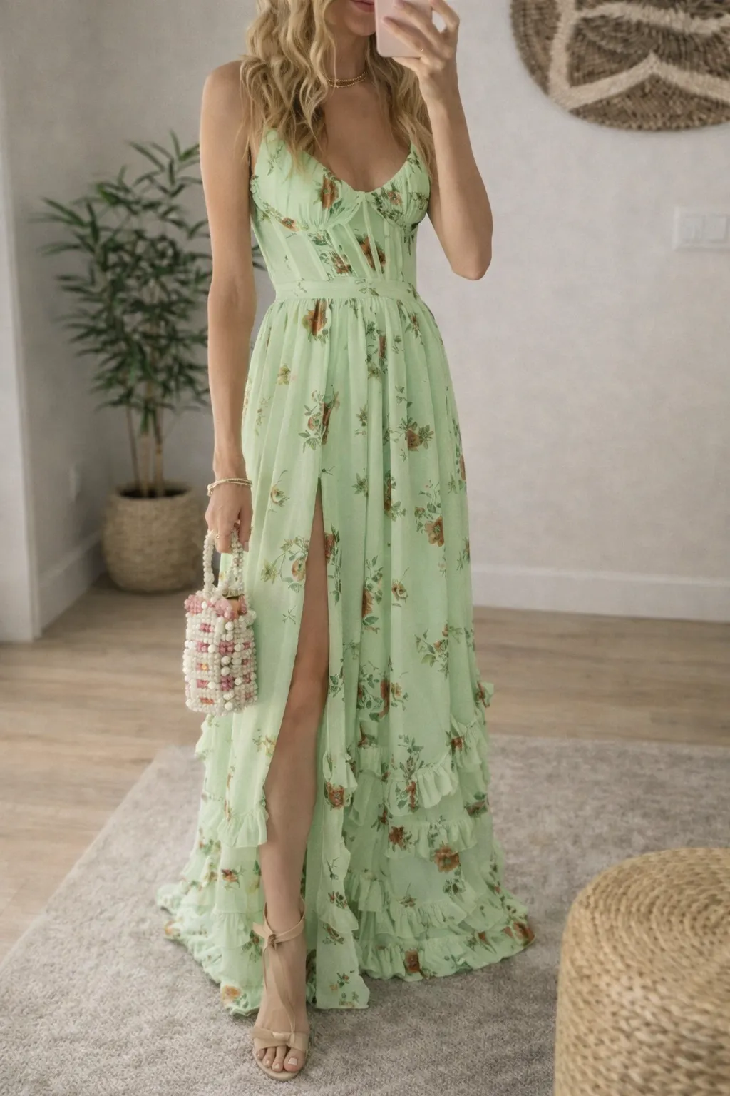 b85676863f89f8e12b1ca51432a67487 V-Neck Floral Print High Slit Maxi Dress - Apricot