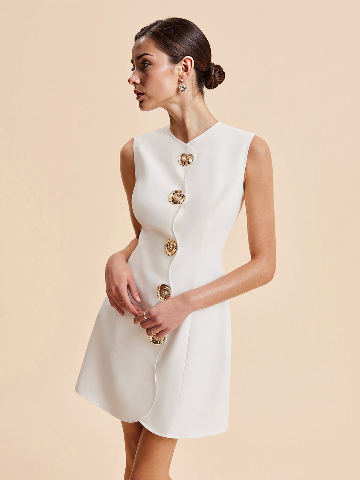 Sleeveless Wavy Trim Gold Button Mini Dress