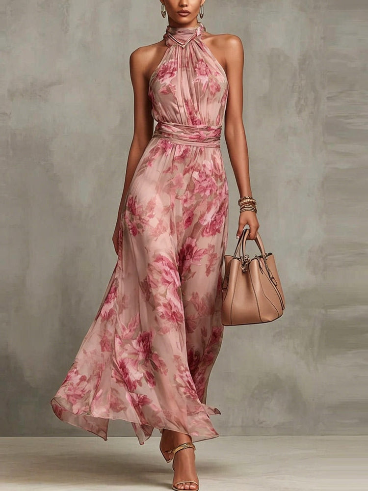 b8bba4c420a5aecb28459b80beb12cc5 Pink Floral Chiffon Halter Maxi Dress
