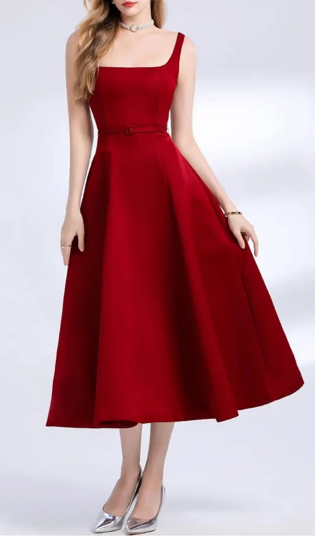 Amelia Square Neck Satin Slip Midi Dress - Red