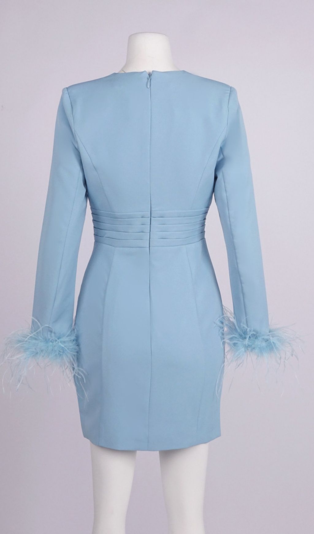 Deep V-Neck Feather Sleeve Blazer Mini Dress - Light Blue