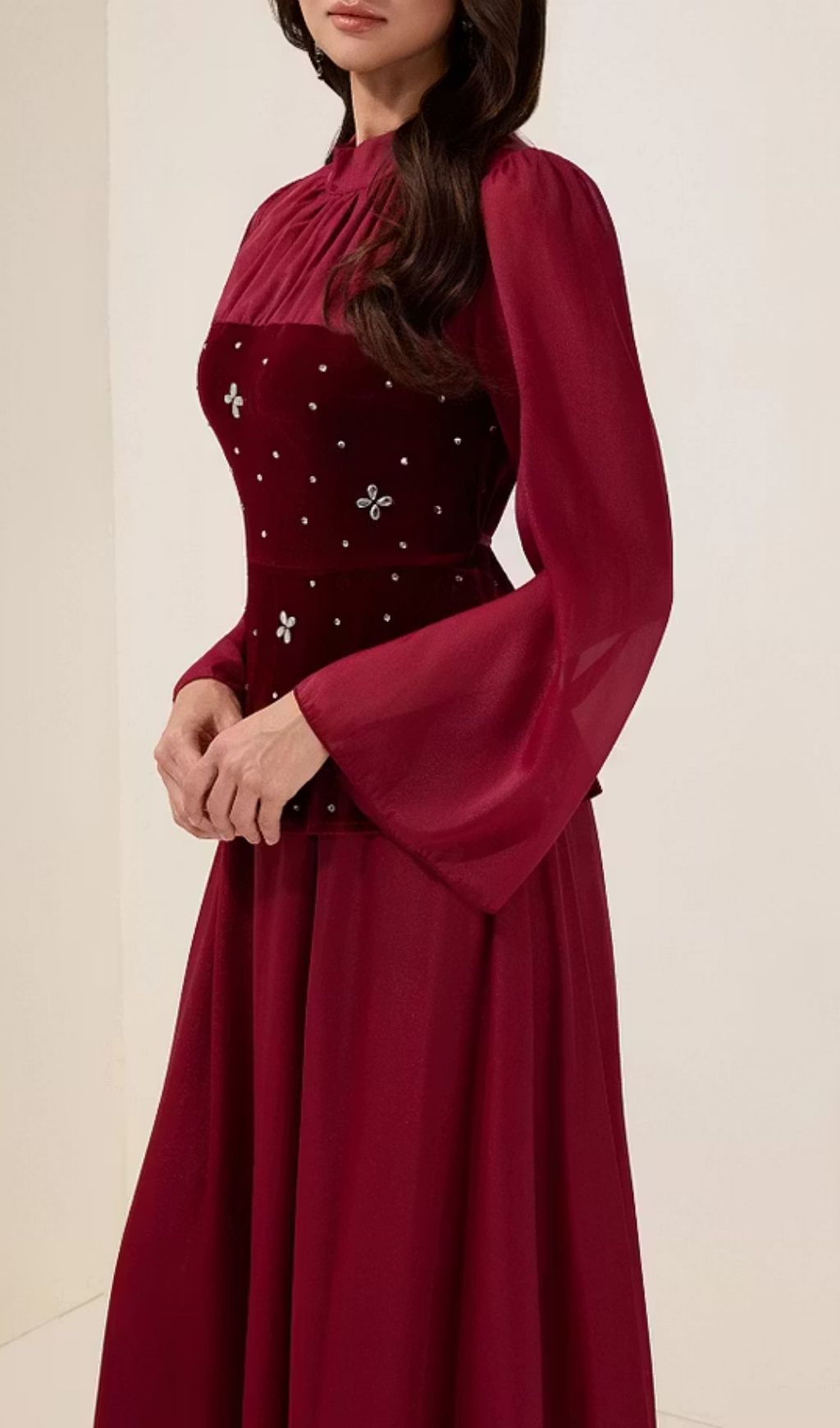 Caroline Rhinestone Velvet Splicing Maxi Dress - Burgundy