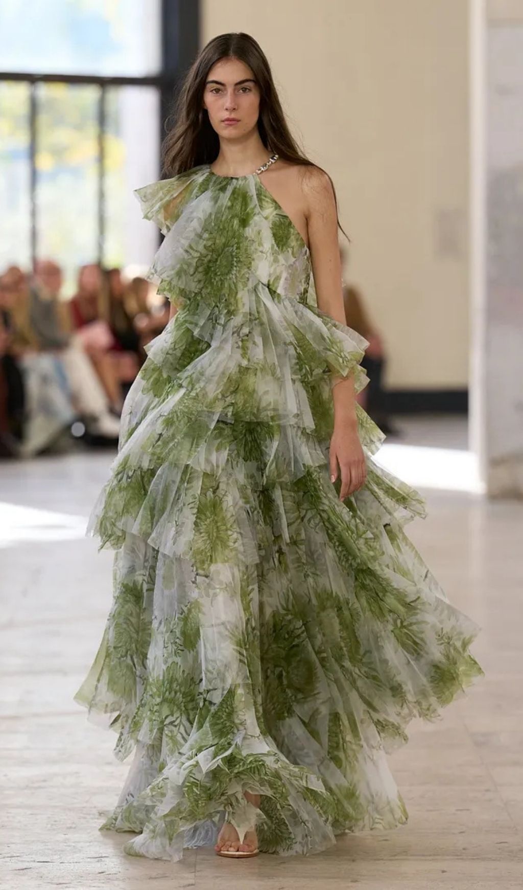 Claire Green Floral Print Pleated Layer Maxi Dress
