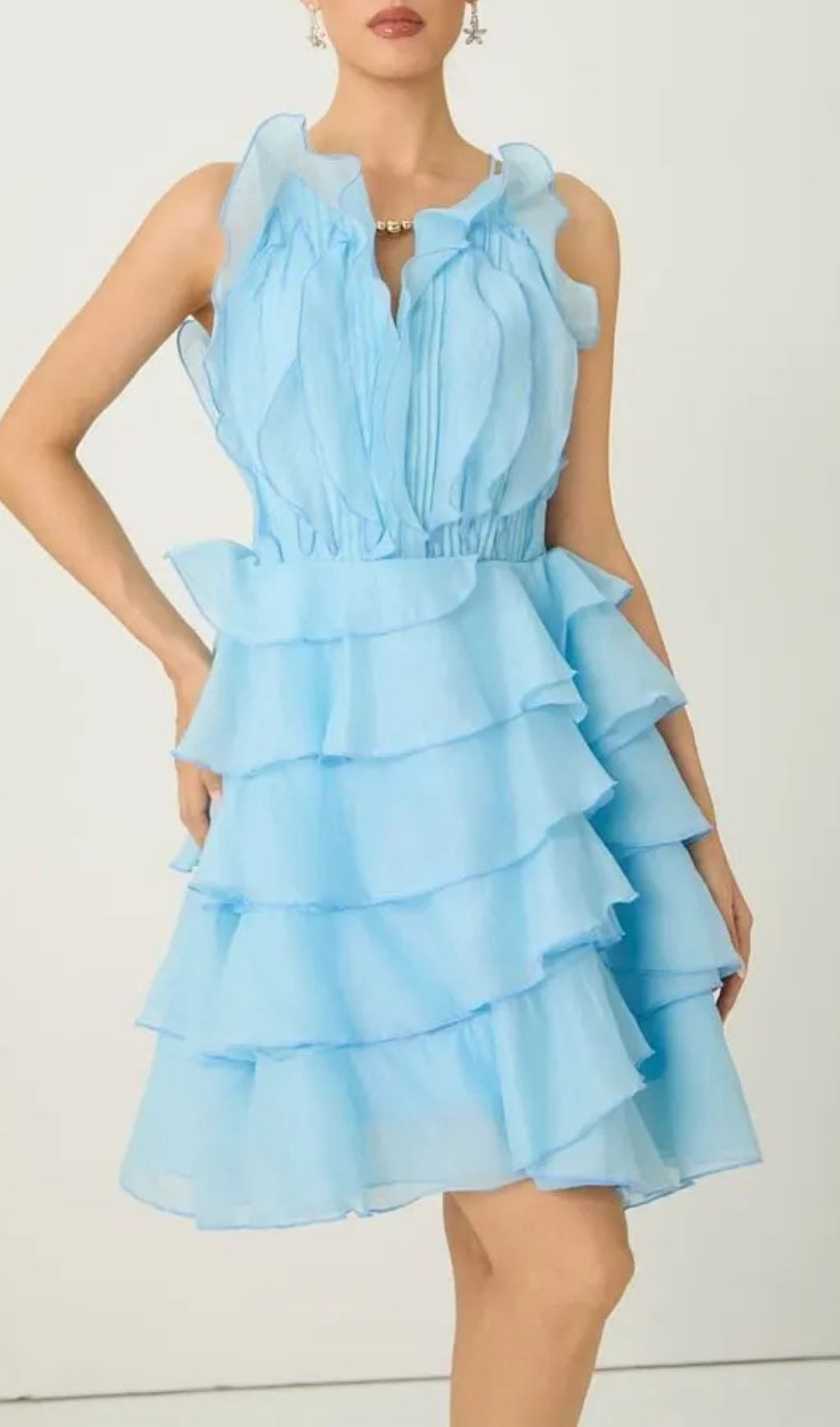 Juliet Blue Pleated Bodice Tiered Ruffle Mini Dress