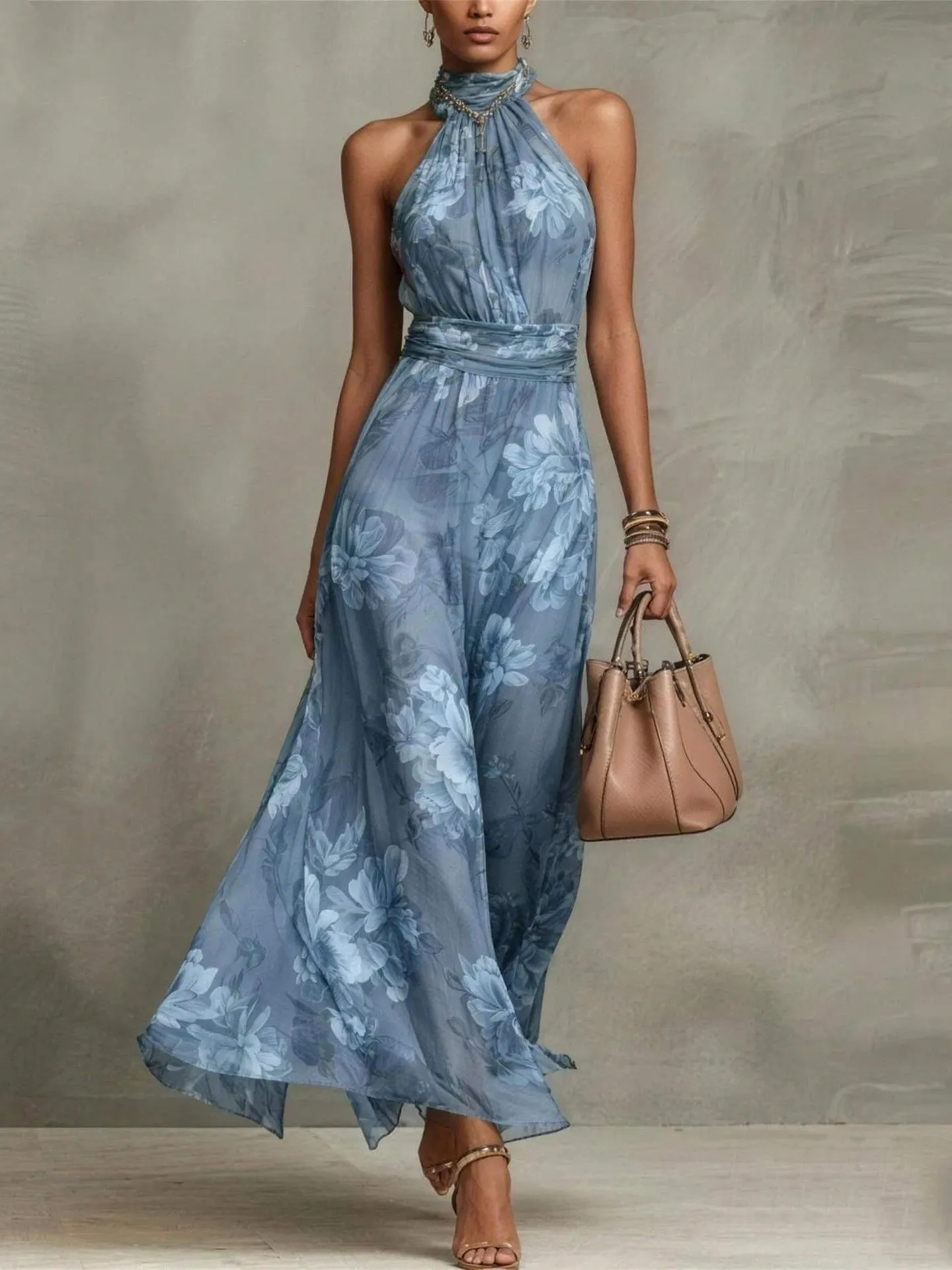 Polly Green Floral Chiffon Halter Maxi Dress - OWNCI