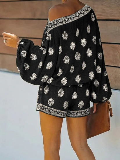 Baroque Print Off-Shoulder Lantern Sleeve Shorts Jumpsuit - OWNCI