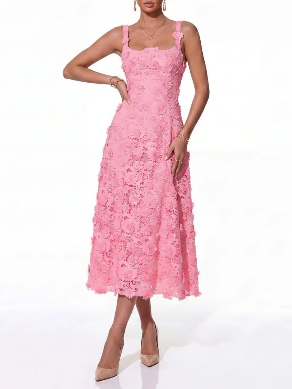 Triven Square Collar Flower Midi Dress