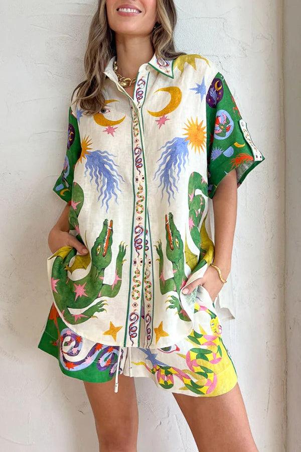 bb2d0e6974ec81d88fac473138df716d Days of Heaven Linen Blend Unique Print Blouse and Elastic Waist Pocketed Shorts Set