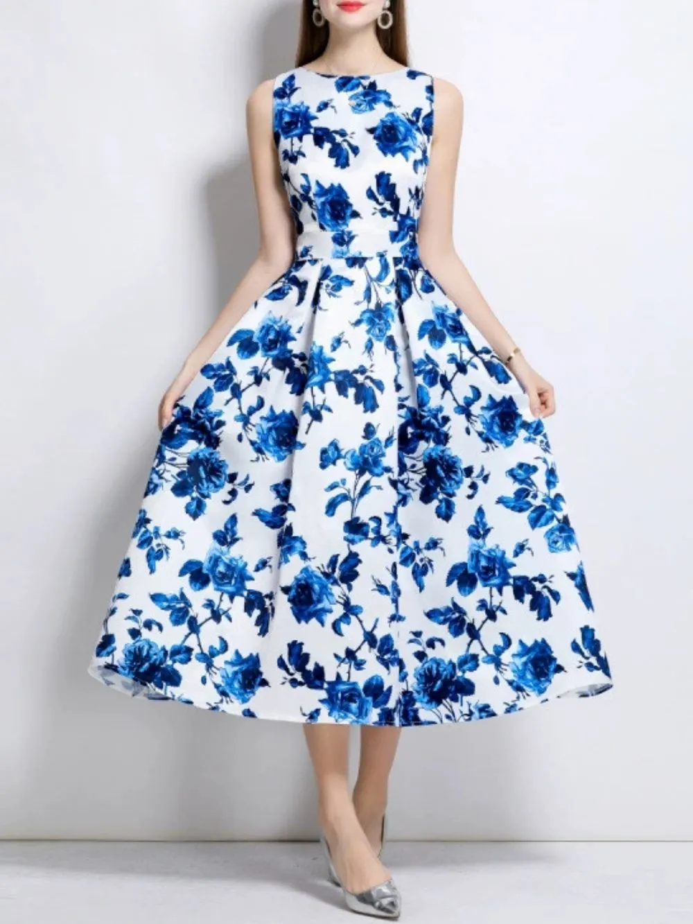 Maicy Blue Sleeveless Floral Midi Dress - OWNCI Maicy Blue Sleeveless Floral Midi Dress - OWNCI