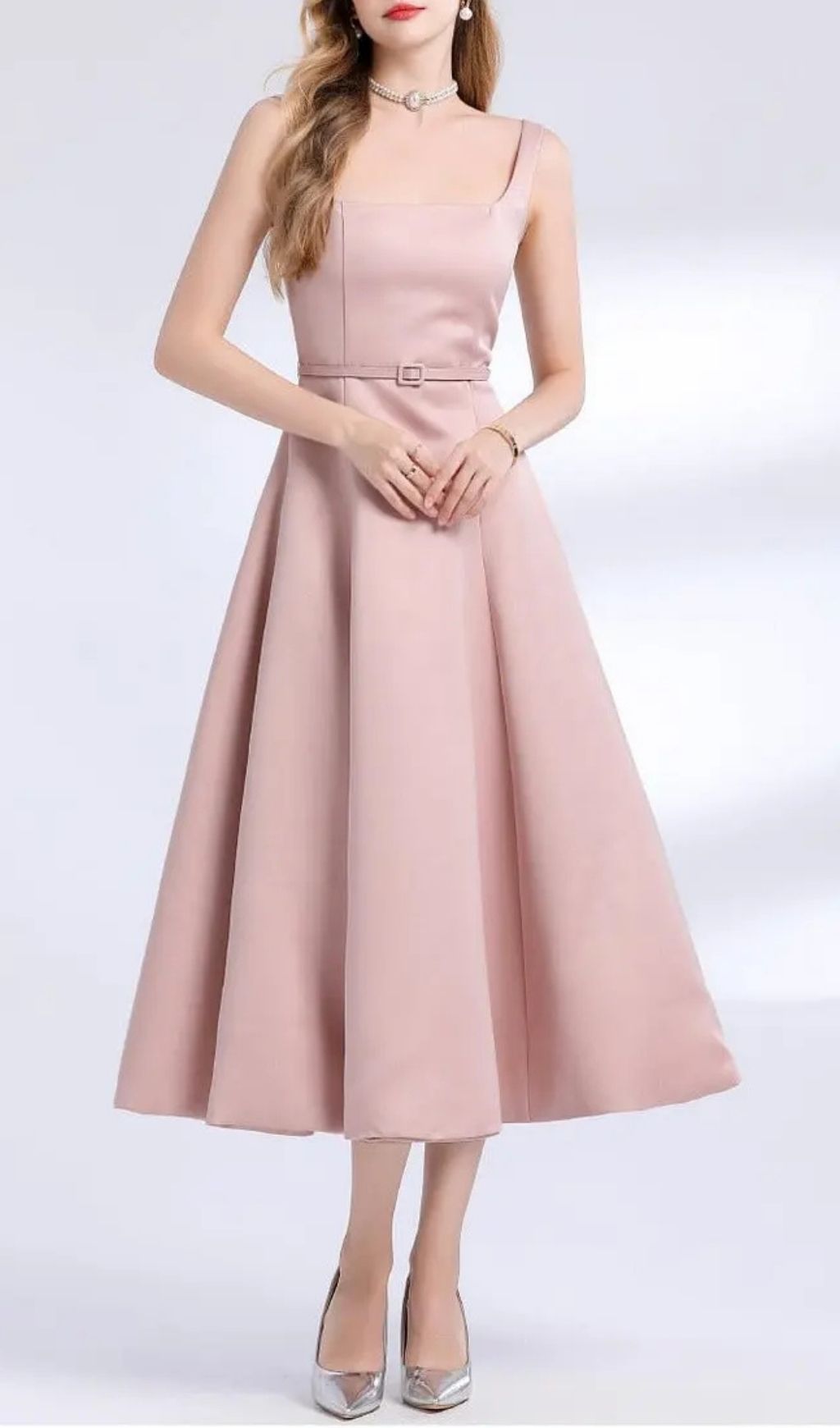 Amelia Square Neck Satin Slip Midi Dress - Pink