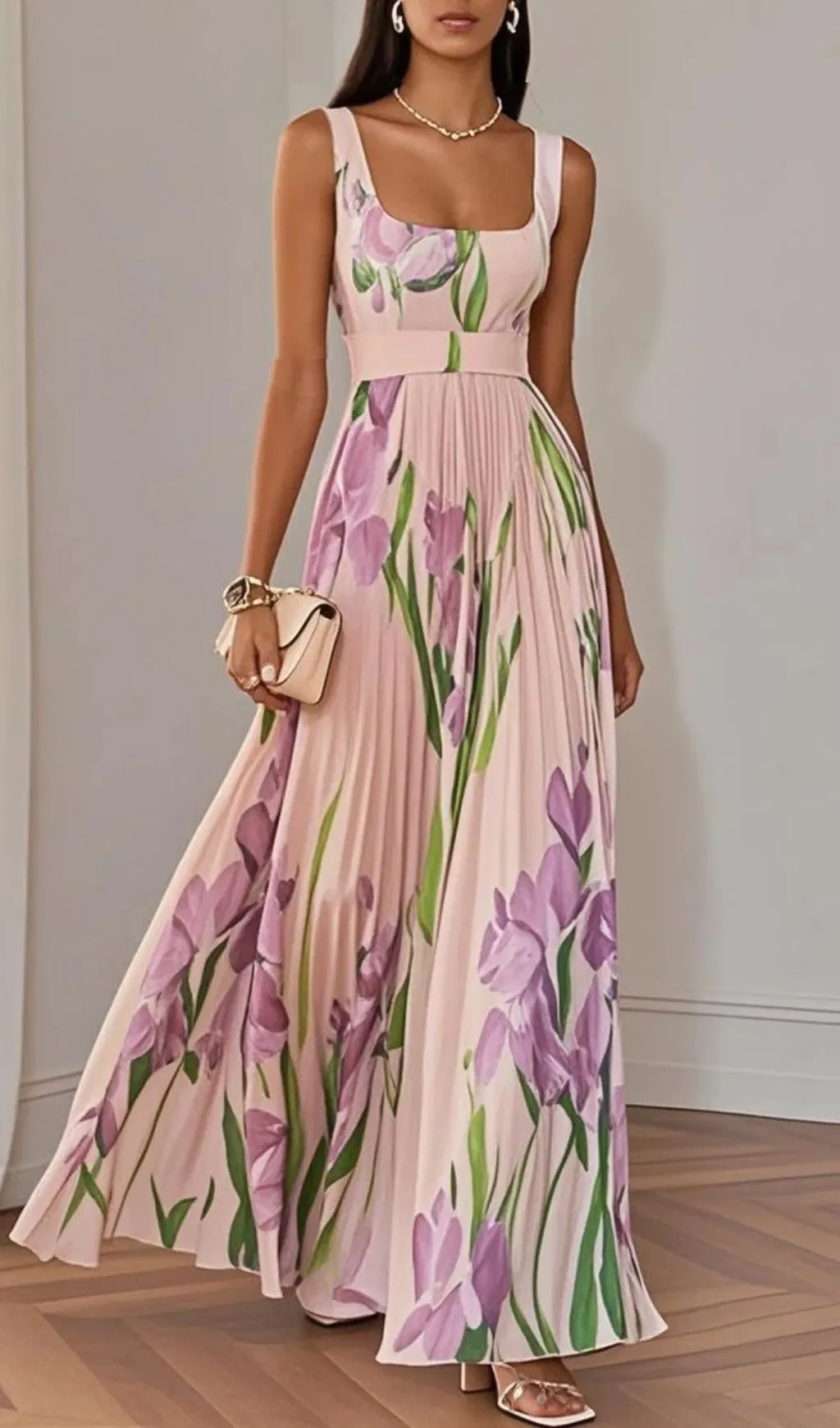 bbc19575dd6f73ebd5b69ca74ad5e1f5.webp Fashionslee Women White Pleated Floral Chiffon Square Neck Sleeveless A-Line Maxi Dress