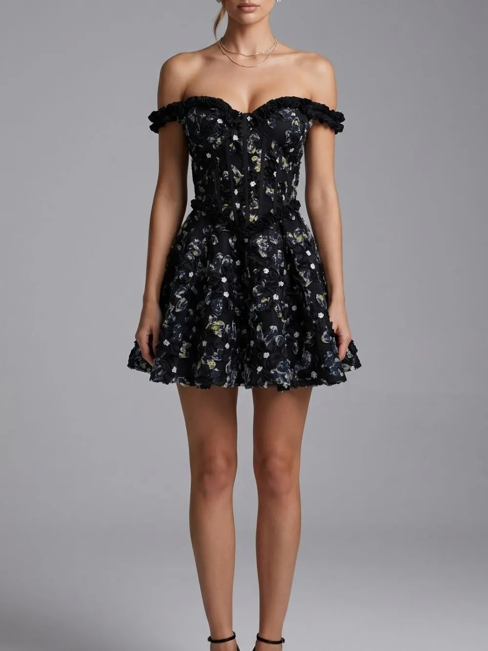 Jyvric Black Off Shoulder Flower Mini Dress
