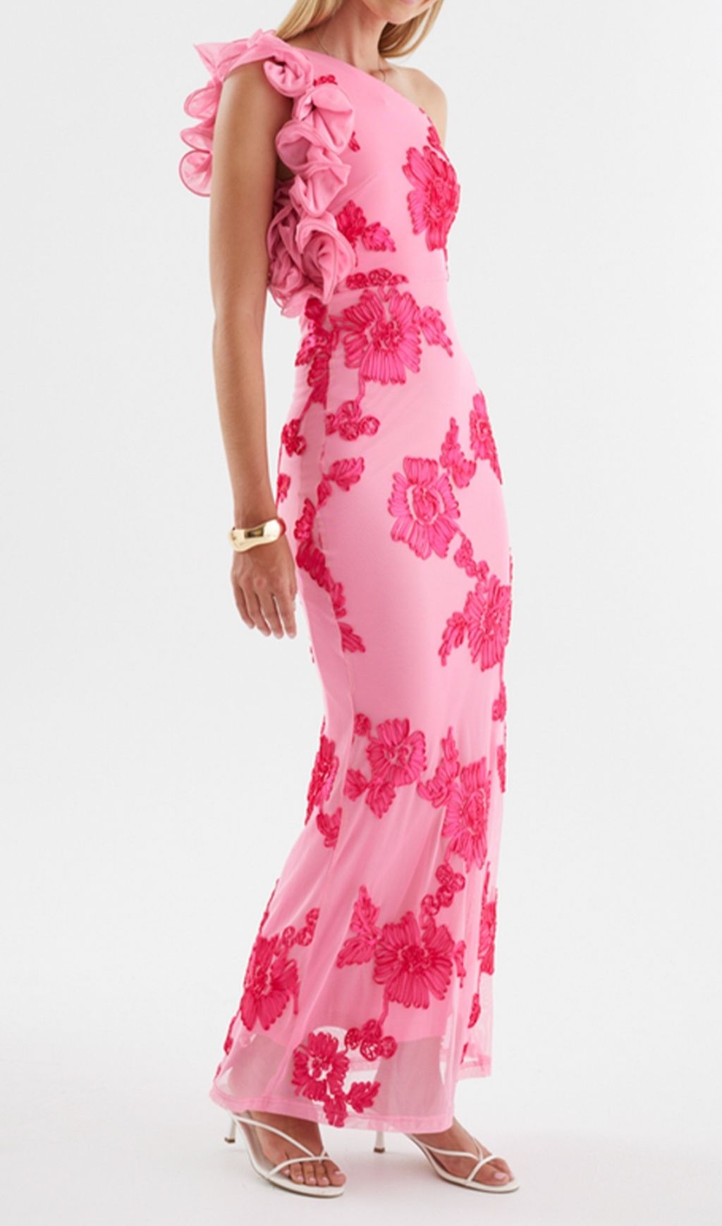 bbef6344e22adfcc93073e528a0c6b46 Novia One-Shoulder 3d Flower Embroidery Bodycon Maxi Dress - Pink
