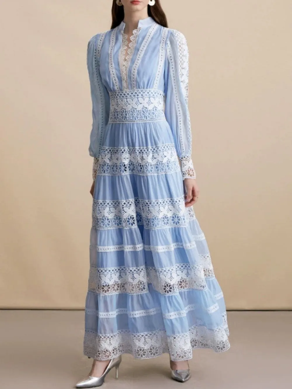 bbf030b08c1209bbd6d0e60f70c80577 Mahnaz Blue Lace Long Sleeve Maxi Dress
