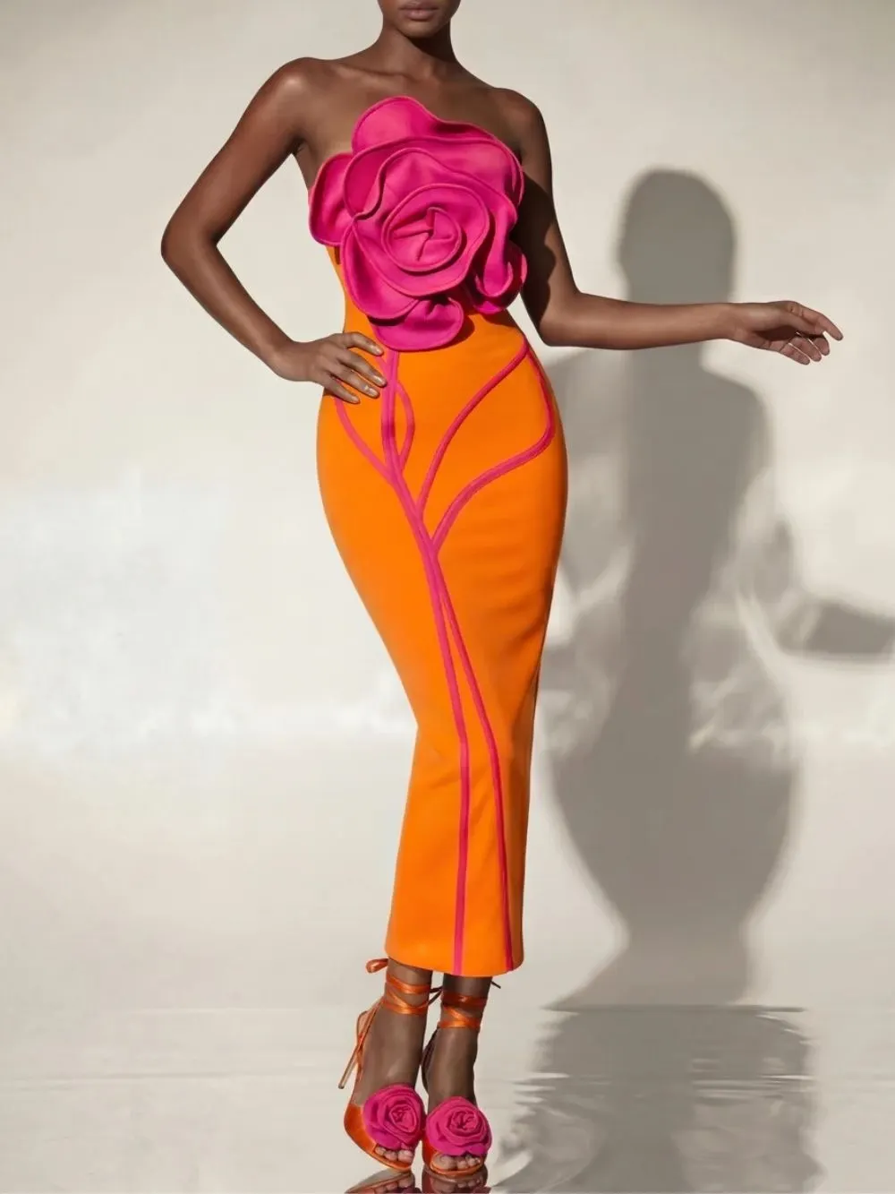 Caldren Strapless Flower Bandage Midi Dress In Orange